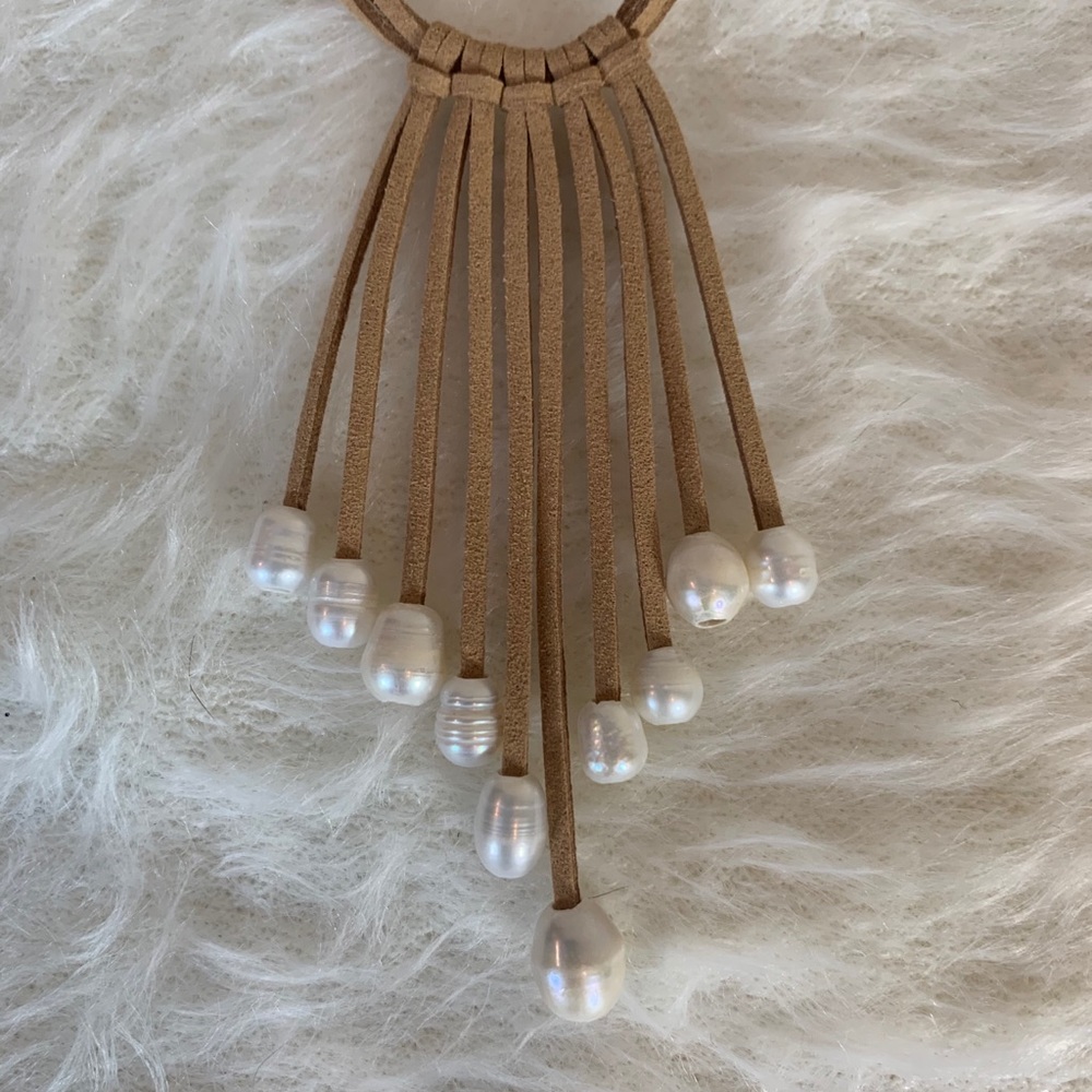 NWT 16 inch Faux Pearl Drop Leather Necklace